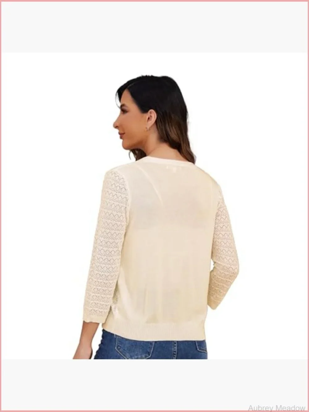 Lightweight Crochet Cardigan 3/4 Sleeve Cropped V Neck Button Shrug Knit Sweater - Picture 4 of 6